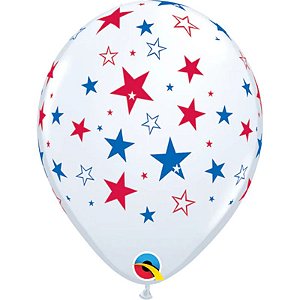 Balão Qualatex 11" - Redondo Branco - Estrelas Vermelhas E Azuis - 50 Un
