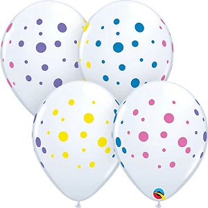 Balão Qualatex 11" - Redondo Branco - Pontos Coloridos - 50 Un