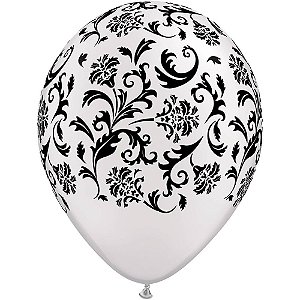 Balão Qualatex 11" - Redondo Branco Perolado - Estampa De Damask - 50 Un