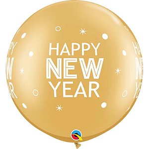 Balão Qualatex 30" - Redondo Ouro - New Year-Brilhante Pontos - 2 Un
