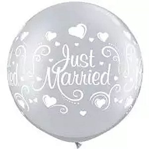 Balão Qualatex 30" - Redondo Prata - Just Married-Corações - 2 Un