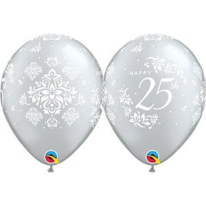 Balão Qualatex 11" - Redondo Prata - Happy 25Th Anniversary-Damask - 50 Un