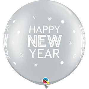 Balão Qualatex 30" - Redondo Prata - New Year-Brilhante Pontos - 2 Un