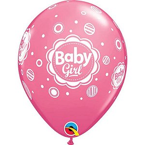 Balão Qualatex 11" - Redondo Rosa - Baby Girl-Bolinhas Polka - 50 Un