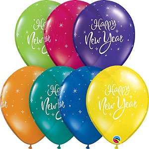 Balão Qualatex 11" - Redondo Sortido Fantasia - Happy New Year-Brilhante - 50 Un