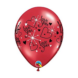 Balão Qualatex 11" - Redondo Vermelho Rubi - Love You-Hugs E Kisses - 50 Un