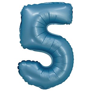 Balão Cromado com Canudo 16" Azul Número 5 - Silver Plastic - 1 Un