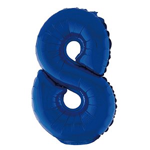Balão Metalizado Com Canudo 16" Azul Número 8 - Silver Plastic - 1 Unidade