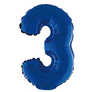 Balão Metalizado Com Canudo 16" Azul Número 3 - Silver Plastic - 1 Unidade