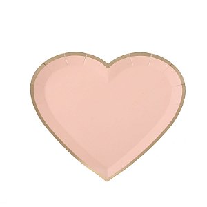 Prato Papel Coração Rosa Borda Dourada - 8 Un