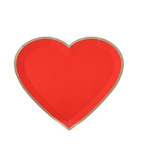 Prato Papel Coração Vermelho Borda Dourada - 8 Un