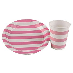 Prato de Papel Listrado 18cm Rosa Bebê - 10 Un