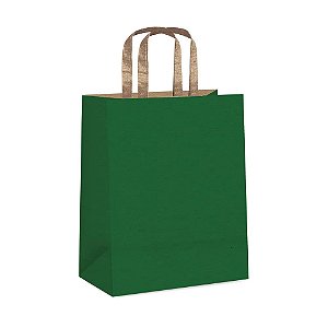 Sacola de Papel com Alça Chata Verde Kraft P 21,5x15x8cm - 10 Un