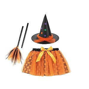 Kit Fantasia Halloween Infantil - Bruxinha Poá Laranja - 3 Peças