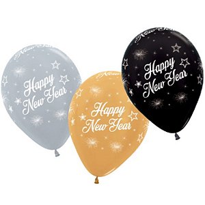 Balão de Látex 360 Metal Happy New Year Sortido R12 30cm - 12 Un