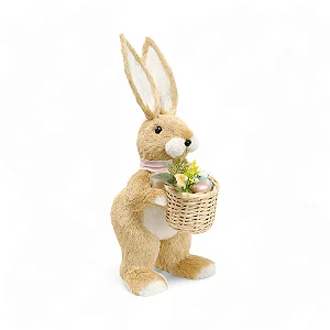 Coelho Decorativo de Rattan com Laço e Ovos Banoffee 41cm - 2 Un