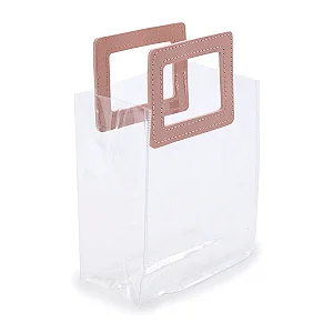 Kit Sacola PVC Alça Retangular Transparente e Rosa 24x21x11cm - 10 Un