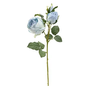 Flores Decorativas Permanentes - Rosa com Folhas 41cm Azul/Verde - 6 Hastes