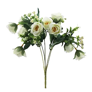 Flores Decorativas Permanentes - Buquê de Rosas X8 32cm Branco - 6 Buquês