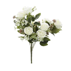 Flores Decorativas Permanentes - Buquê de Rosas X9 47cm Branco - 1 Buquê