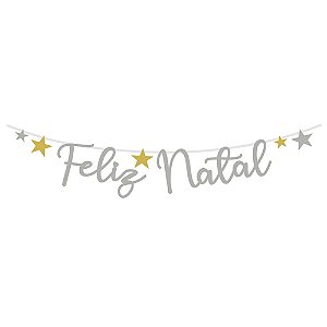 Bandeirola Decorativo Escrita Feliz Natal Prata 1,8 Metros - 1 Un