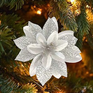 Flor Decorativa em Tecido com Glitter 15cm Prata - 1 Un