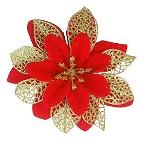 Flor Decorativa em Tecido com Glitter 15cm Vermelho e Dourado - 1 Un
