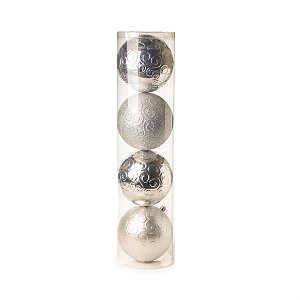 Bola de Natal Arabesco Brilho / Mate / Glitter Prata 12cm - 4 Un