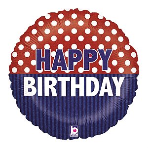 Balão Metalizado Holográfico Redondo Happy Birthiday Náutico 18" / 45cm