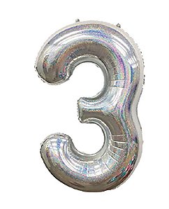Balão Metalizado Número 3 Holográfico Glitter Prata 40'' / 101cm