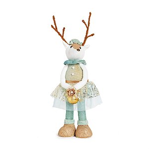 Rena de Natal em Pé com Vestido Azul Pastel e Ouro 42cm