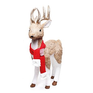 Rena de Natal Crespinha com Cachecol Bege e Branco e Vermelho 90cm