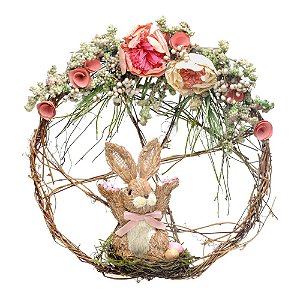 Guirlanda Coelho em Ninho Coral / Marrom 35cm 32x32x5