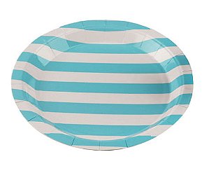 Prato Papel Listrado Azul Bebê - 10 Un