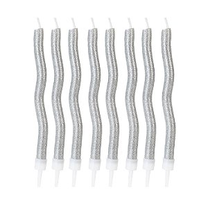 Vela Palito Espiral Glitter Prateada - 8 Un