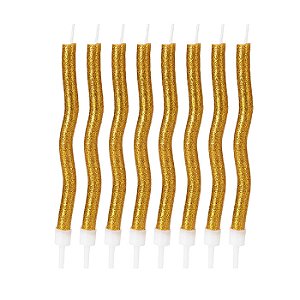 Vela Palito Espiral Glitter Dourada - 8 Un