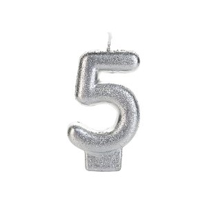 Vela Prateada Glitter Número 5