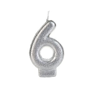 Vela Prateada Glitter Número 6