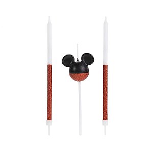 Vela Mickey 360 Meio Glitter Vermelha - 3 Un