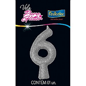 Vela Puro Glitter Prata Nº 6 - Festcolor - 1Un