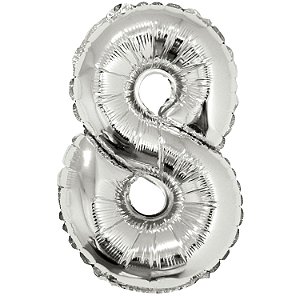 Balão Met. Canudo 16" Prateado Número 8 - Silver Plastic - 1 Un