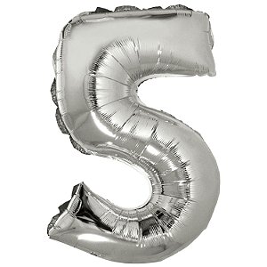 Balão Met. Canudo 16" Prateado Número 5 - Silver Plastic - 1 Un