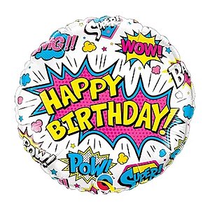 Balão Qualatex 18" - Redondo - Birthday!-Super-Heroi Branco - 1 Un
