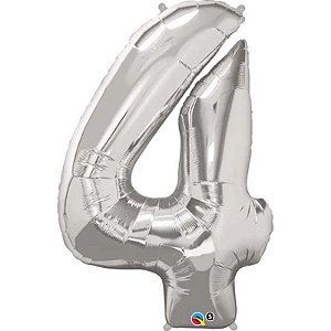 Balão Qualatex 34" - Número Quatro Prata - 1 Un