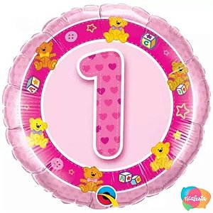 Balão Qualatex 18" - Redondo - 1 Ano Rosa Ursiho - 1 Un