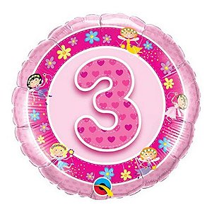 Balão Qualatex 18" - Redondo - 3 Anos Rosa Fadas - 1 Un