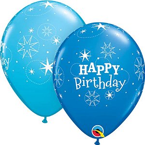 Balão Qualatex 11" - Redondo Azul E E Azul Casca De Ovo - Happy Birthday-Brilho - 50 Un