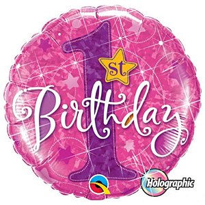 Balão Qualatex 18" - Redondo Hol - 1St Birthday-Estrelas Rosas - 1 Un