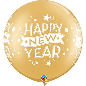 Balão Qualatex 3" - Redondo Ouro - Happy New Year-Pontos - 2 Un