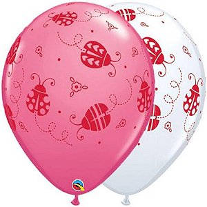 Balão Qualatex 11" - Redondo Rosa Mex E Branco - Joaninhas - 50 Un